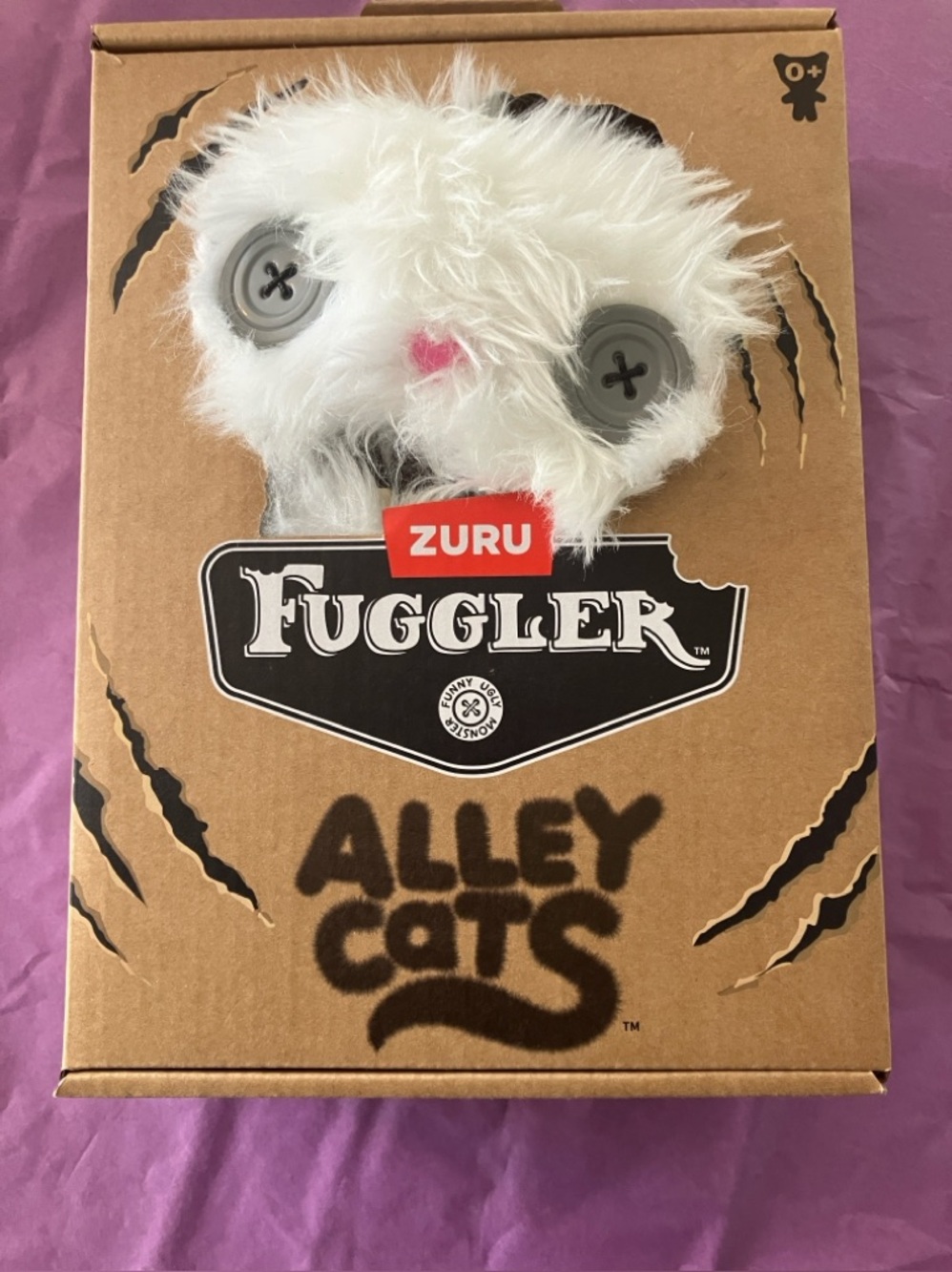 NWT ZURU Fuggler Alley Cats White Furry Plush - Button Eye